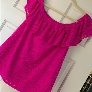 Pink Lilly Pulitzer off or on shoulder shirt.
